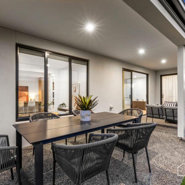 Outdoor alfresco dining area designed for year-round entertaining in a new home build Geelong