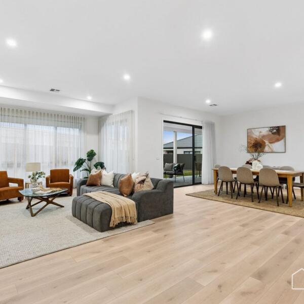 Light-filled open-plan living and dining space in a custom new home in Lara, Geelong